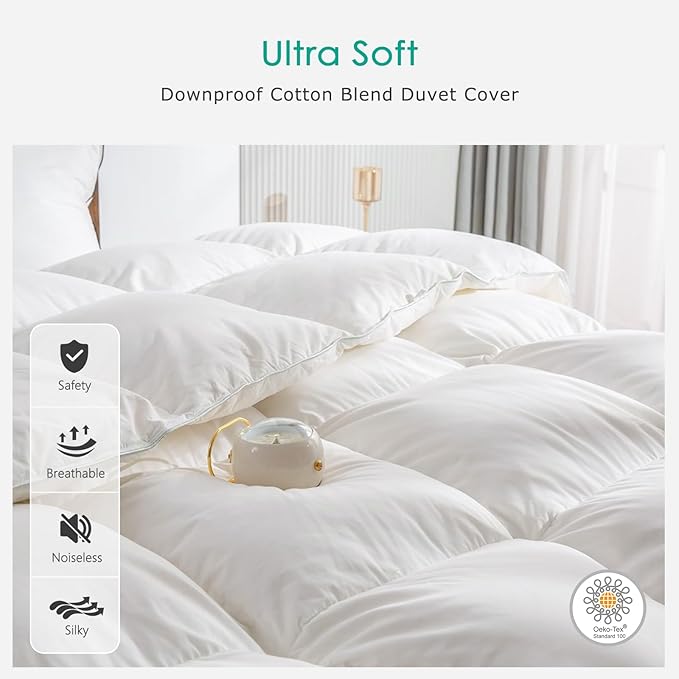 APSMILE Premium Down Feather Fibers Comforter Oversized Queen Size, All Season Duvet Insert with 8 Corner Tabs, Ultra Soft Poly-Cotton Cover Down Feather Fibers Comforter (White, 98 * 98")
