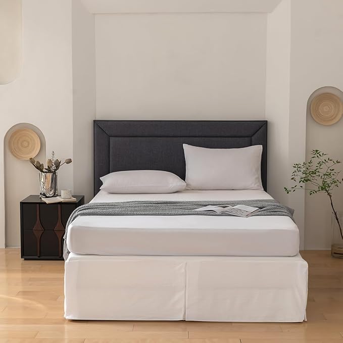 Queen Bed Skirt, Grid Plaid Soft Quadruple Pleated Ruffle Bed Skirt, Tailored Dust Ruffle 12 Inch Drop Easy Fit, Machine Washable (White)