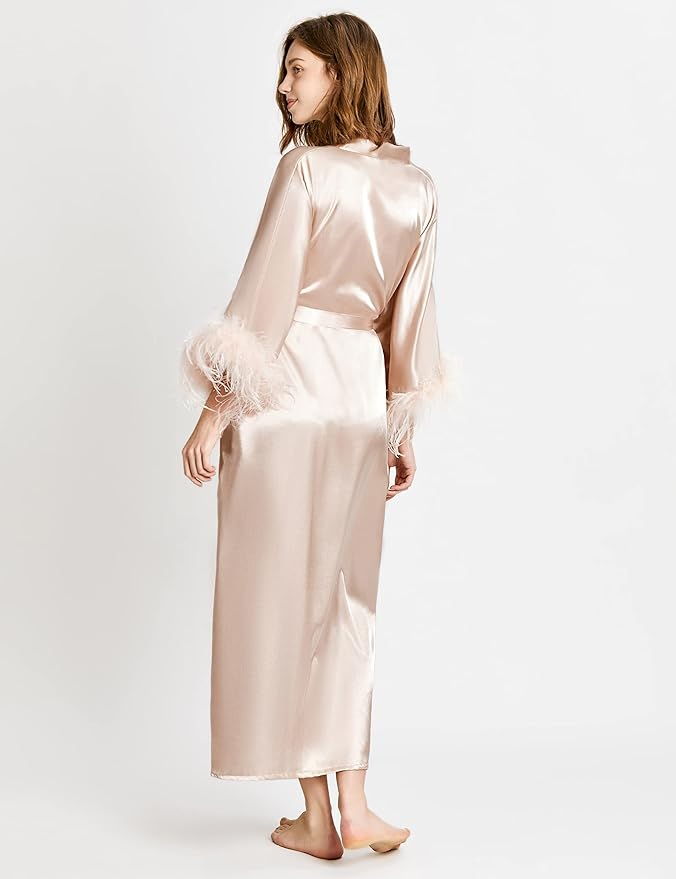 PRODESIGN Satin Kimono Robe Long Silky Bathrobe with Ostrich Feather Trim Sleepwear Wedding Bridesmaid Dressing Gown