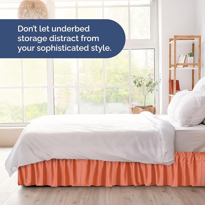 Wrap Around Dust Ruffle Bed Skirt - Coral - for King Size Beds with 12 Inch Drop - Easy Fit Elastic Strap - Adjustable Pleated Bedskirt w/Brushed Fabric - Wrinkle Free - for Women, Men, Kids & Teens