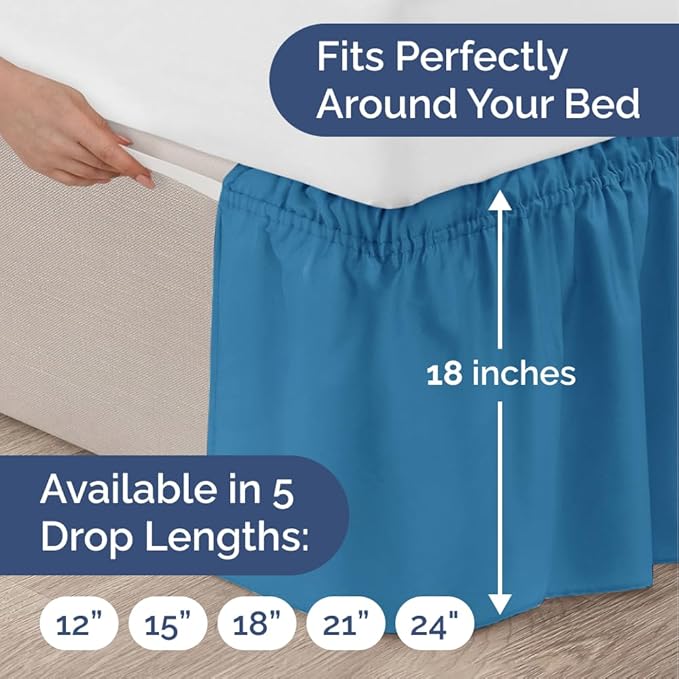 Wrap Around Dust Ruffle Bed Skirt - Denim Blue - for Queen Size Beds with 18 Inch Drop - Elastic Strap - Adjustable Pleated Bedskirt with Brushed Fabric and Wrinkle Free - For Women, Men, Kids & Teens