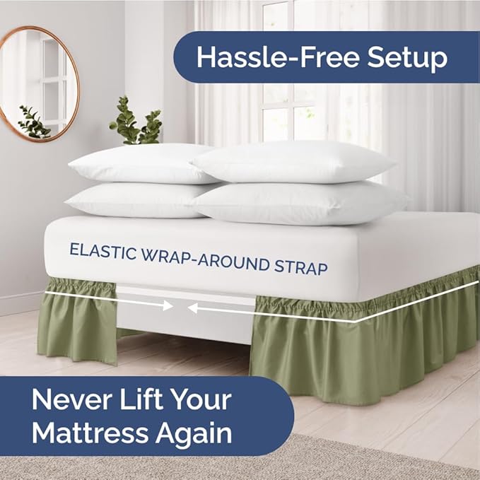 Wrap Around Dust Ruffle Bed Skirt - Sage Green - for King Size Beds with 15 Inch Drop - Elastic Strap - Adjustable Pleated Bedskirt with Brushed Fabric and Wrinkle Free - for Women, Men, Kids & Teens