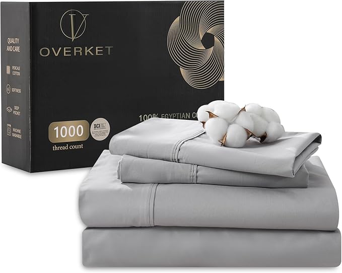 Egyptian Cotton Sheets Full Size 1000 Thread Count Sateen Weave Soft Breathable 16-Inch Deep Pocket 4PCS（Full,Grey）