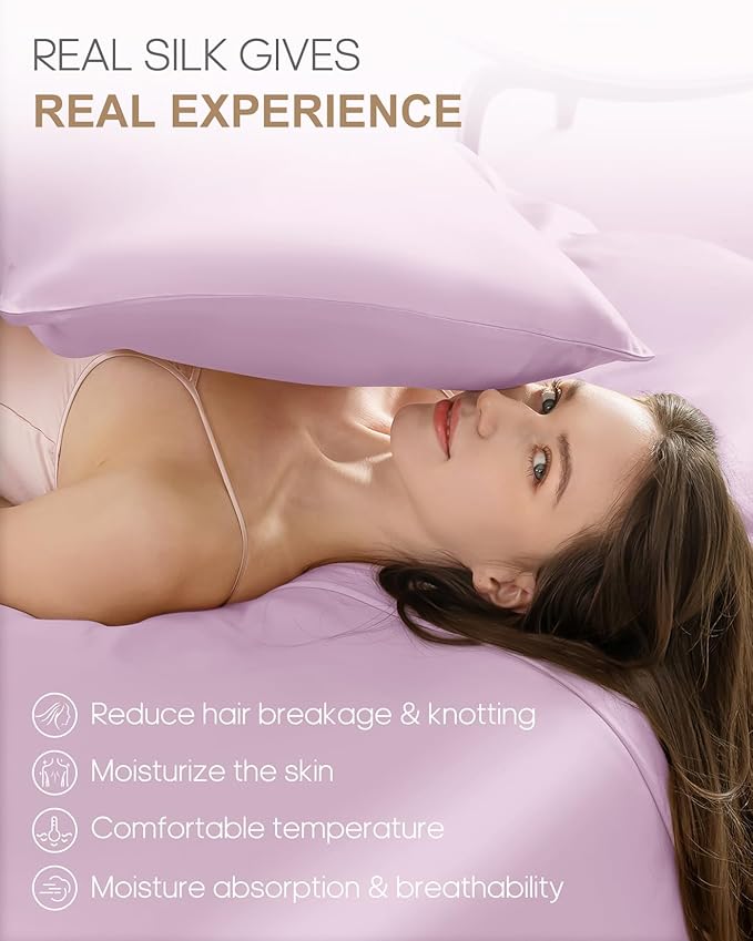 THXSILK 100% Mulberry Silk Pillowcase for Hair and Skin Health, 22 Momme Soft and Smooth Pillowcase with Hidden Zipper, Both Sides Premium Grade 6A+ Silk, 1pc (Standard 20"x26", Light Purple)