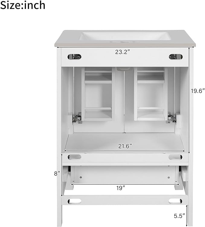 24" Bathroom Vanity with Sink Combo Set, Solid Wood Frame Bathroom Storage Cabinet with 2 Drawers and 1 Drawer, Double-layer Door Shelf, Soft Closing Cabinet Door with Organizer, White