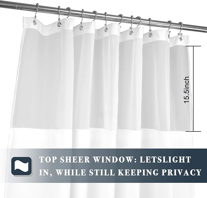 N&Y HOME Long Waffle Weave Shower Curtain 75 Inch Length with Snap-in Fabric Liner & Metal Hooks Set - Hotel Style, Waterproof & Washable, Heavyweight Fabric & Mesh Top Window - 71x75, White