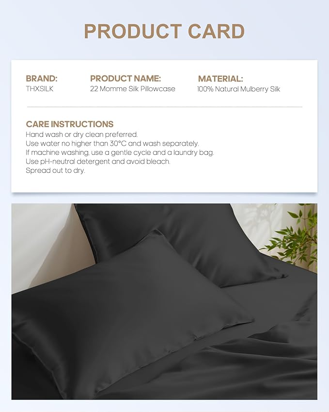 THXSILK 100% Pure Mulberry Silk Pillowcase for Hair and Skin Health, 22 Momme Soft and Smooth Pillowcase with Hidden Zipper, Both Sides Grade 6A+ Mulberry Silk, 1pc (Standard 20"x26", Black)