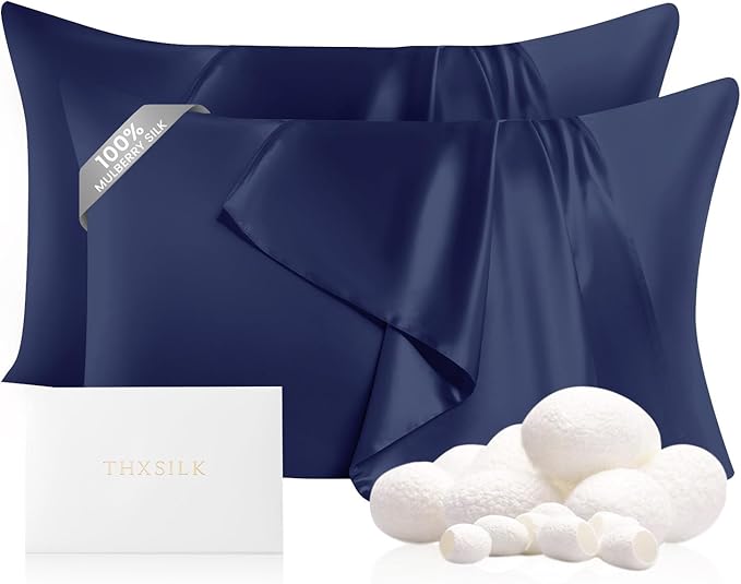 THXSILK Set of 2 100% Pure Mulberry Silk Pillowcases for Hair and Skin, Highest 6A Grade 22 Momme Silk Pillow Case Standard Size, Real Silk Pillowcases with Zipper (Navy Blue, Standard)