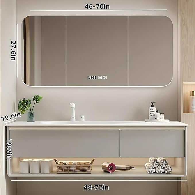 60IN Grey Bathroom Vanity Set - Floating Bathroom Vanity with Single Sink | Including LED Smart Defogging Mirror Cabinet & Time Display Function, Equipped with Motion Sensing Light Strip (Style A)