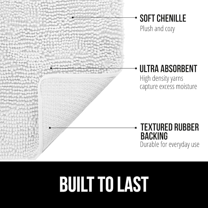 GORILLA GRIP Bath Rug Mat 30x20, Thick Soft Absorbent Chenille, Quick Dry Microfiber Mats, Rubber Backing Washable Shower Floor Rugs, Bathmat Runner, US Designed Bathroom Home Decor Accessories White