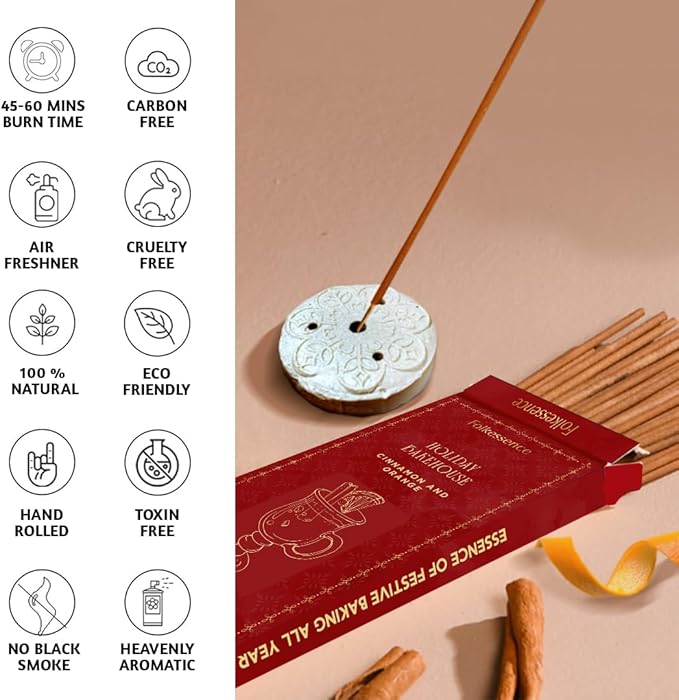 Folkulture Christmas Incense Sticks | Set of 120 Insence-Sticks with Holder for Relaxation |Cinnamon & Orange Incense| Organic, Slow Burning & Non Toxic Inscents | Luxe Fragrances - Gifts for Her
