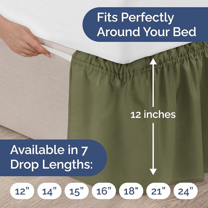 Wrap Around Dust Ruffle Bed Skirt - Sage Green - for King Size Beds with 12 Inch Drop - Elastic Strap - Adjustable Pleated Bedskirt with Brushed Fabric and Wrinkle Free - for Women, Men, Kids & Teens