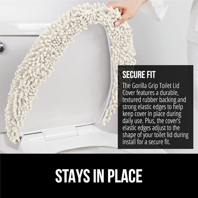 GORILLA GRIP Soft Chenille Bathroom Toilet Lid Cover, Machine Washable Seat Covers, 19.5x18.5, Stays In Place Rubber Backing, Fits Most Round, Elongated and Oblong Lids, Accessories Decor, Ivory Cream
