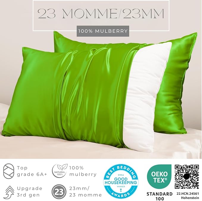 PROMEED 23 Momme Silk Pillowcases 2pcs Set Queen, Mulberry Silk Pillow Case Set of 2, Ultra Soft Silk Pillowcase for Hair and Skin (Queen 20"x30", Green)