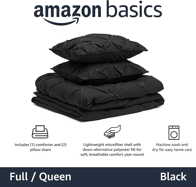 Amazon Basics Soft Full/Queen Size Comforter Sets, All-Season Down-Alternative 3-Piece Bedding Set, Pinch Pleat Design, Black