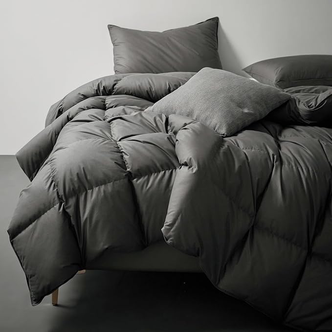 Royoliving Premium Feathers Down Duvet Insert Comforter King Size Charcoal Grey All Season Medium Warmth Winter 100% Cotton Cover with Corner Tabs (106x90, 60 oz)