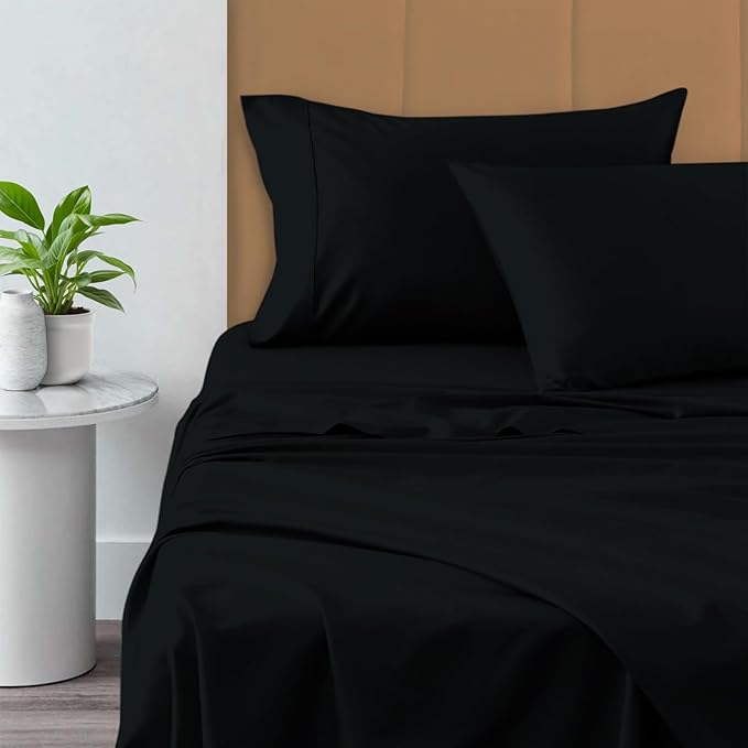 Pizuna Pure 100% Cotton Queen Size Sheets, 800 Thread Count Long Staple Cotton Crisp Sateen with 15in Deep Pocket (Combed Black Cotton)