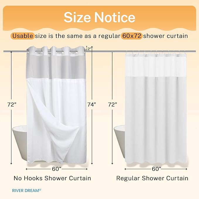 River Dream Heavyweight No Hooks Required Dotted Waffle Weave Shower Curtain with Snap in Liner - 60W x 74L, Hotel Grade, Spa Like Bath Curtain, White