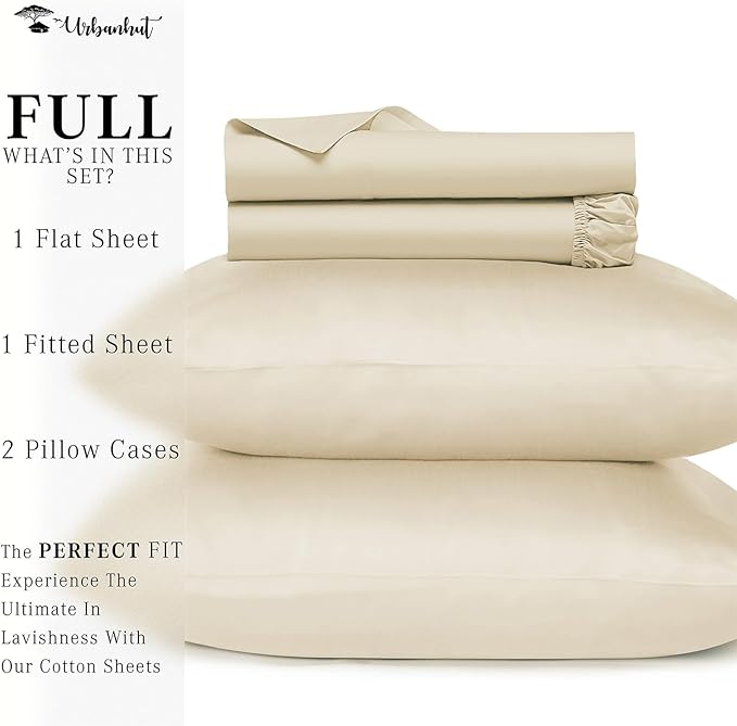 URBANHUT 700 Thread Count Full Sheet Set Egyptian Cotton Sheets, 4Pc Sheet Set Soft Luxury Bed Sheets for Full Size Bed, Sateen Weave Hotel Sheets, 14'' Elasticized Deep Pocket - Ivory