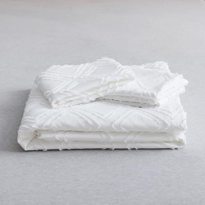 JELLYMONI Duvet Cover Queen Size Bright White - 3PCS Boho Duvet Cover Set Plaid Polyester Tufted Bohemian Jacquard Knit Textured Comforter Cover 90×90in Rhombic Geometric Pattern Zipper Corner Tie