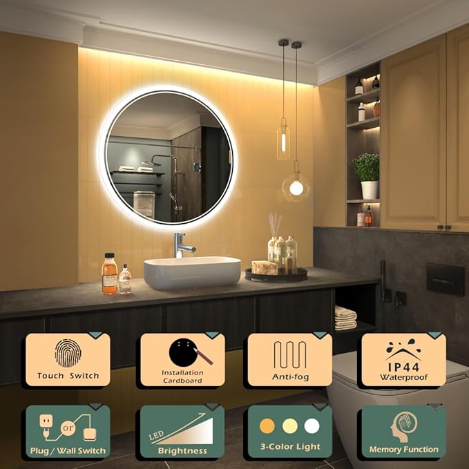 KWW Round Mirror Bathroom LED Lighted Mirror, Illuminated Dimmable Anti-Fog Wall-Mounted Makeup Vanity Mirror with Lights (39.5" L x 39.5" W)