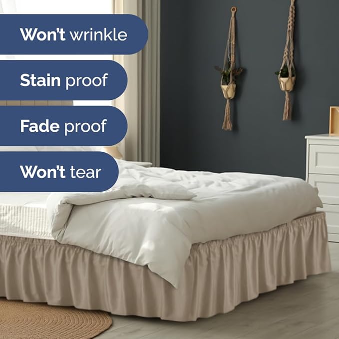 Wrap Around Dust Ruffle Bed Skirt - Cream - for Queen Size Beds w/ 16 Inch Drop - Easy Fit Elastic Strap - Adjustable Pleated Bedskirt w/Brushed Fabric, Wrinkle & Fade Free Women, Men, Kids & Teens