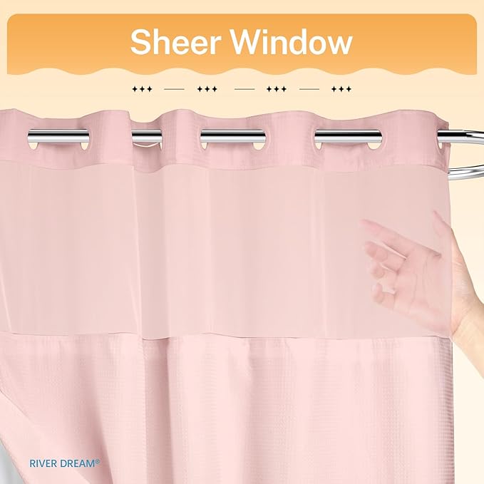 River Dream No Hooks Required Dotted Pink Shower Curtain with Snap in Liner - 71" W x 74" H,Hotel Grade,Spa Like Bath Curtain