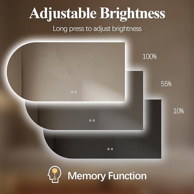 Arched LED Bathroom Mirror, 48"x24" Arch Framless Backlit Mirror with Lights Anti-Fog Dimmable Smart Frameless 3-Color Lighted Vanity Mirror Memory Waterproof, UL Listed, Horizontal-Right