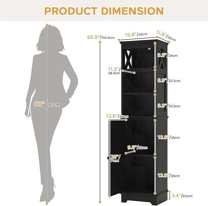 Tall Bathroom Storage Cabinet with Door and Open Adjustable Shelves, 60.9" H Wooden Tower Corner Narrow Farmhouse Cabinet, Freestanding Organizer for Kitchen, Entryway Black