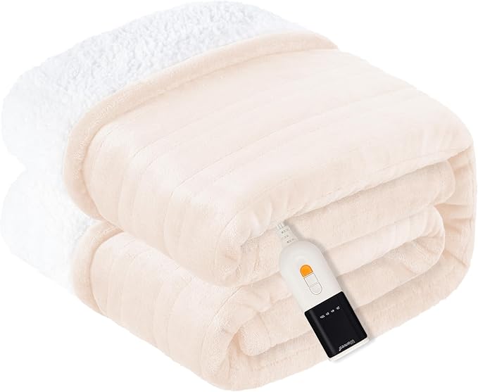 Heated Blanket Electric Blanket Queen Size Soft Flannel Sherpa, 6 Heat Levels Fast Heating, 2 to 10 Hours Auto-Off Detachable Controller Machine Washable, Beige 84"x90"