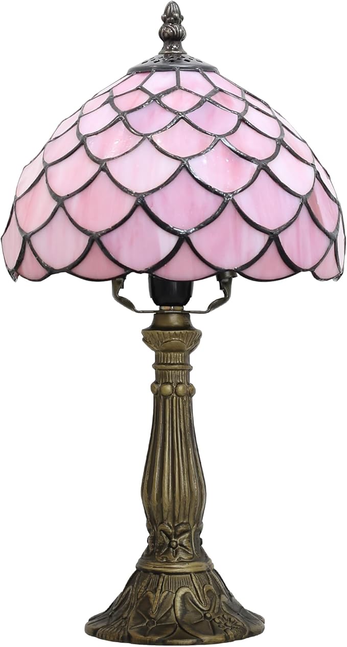 Tiffany Table Lamp for Bedroom Bedside Nightstand Table Lamps for Living Room 3 Way Color Temperatures Stained Glass Table Lamp 8X8X15 Inch Home Office Reading Desk Lamp (Pink Fish Scales)