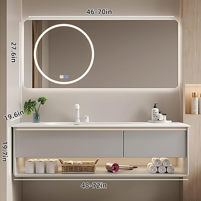 52IN Grey Bathroom Vanity Set - Floating Bathroom Vanity with Single Sink | Including LED Smart Defogging Mirror Cabinet & Time Display Function, Equipped with Motion Sensing Light Strip (Style B)