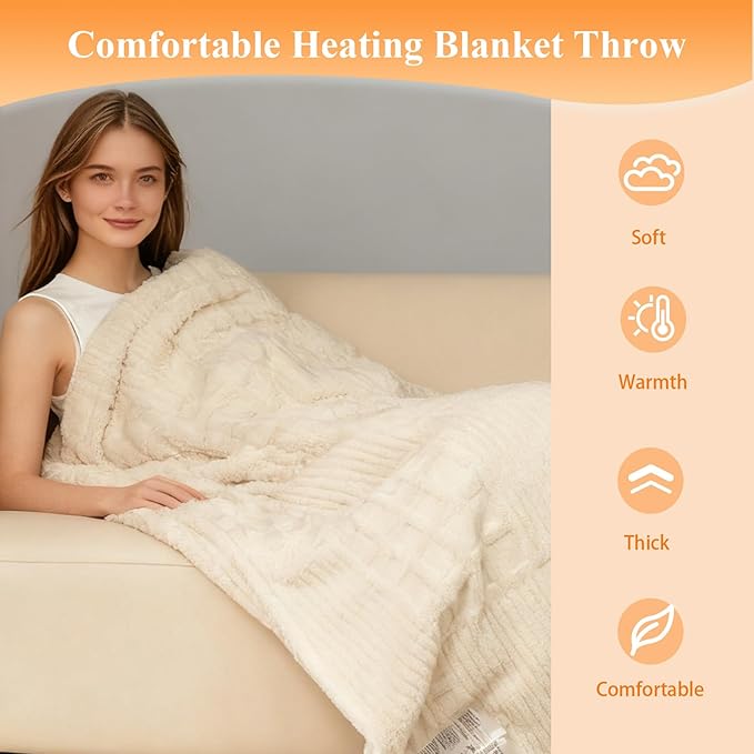 Heated Blanket Electric Throw, 50"X60" Waffle Heating Blanket with 12 Heat Levels, Fast Heating Blanket with 1-12 Timer Settings, Overheat Protection with ETL & FCC for Home Office Sofa (Milky White)