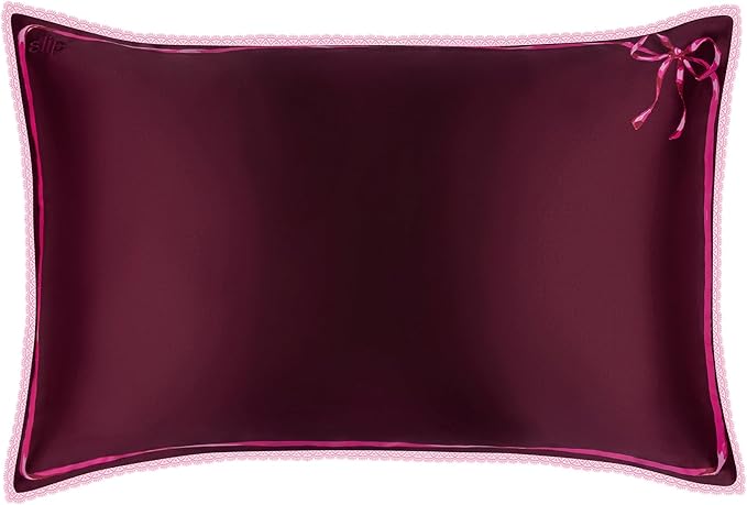 slip Queen Silk Pillowcase – Crimson Kiss Limited Edition with Lace Trim – 100% Pure Mulberry Slipsilk™ – Anti-Frizz, Anti-Aging, Invisible Zipper Closure