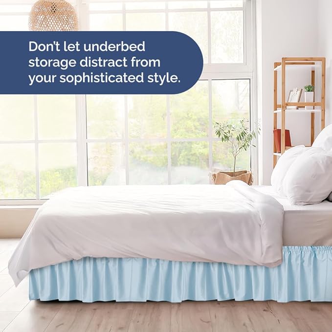 Wrap Around Dust Ruffle Bed Skirt - Light Blue - Twin/Twin XL Size Beds with 24 Inch Drop - Elastic Strap - Adjustable Pleated Bedskirt with Brushed Fabric and Wrinkle Free - Women, Men, Kids & Teens