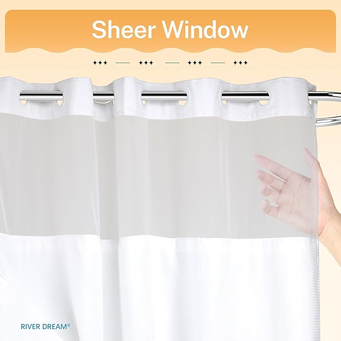 River Dream Heavyweight No Hooks Required Dotted Waffle Weave Shower Curtain with Snap in Liner - 60W x 74L, Hotel Grade, Spa Like Bath Curtain, White