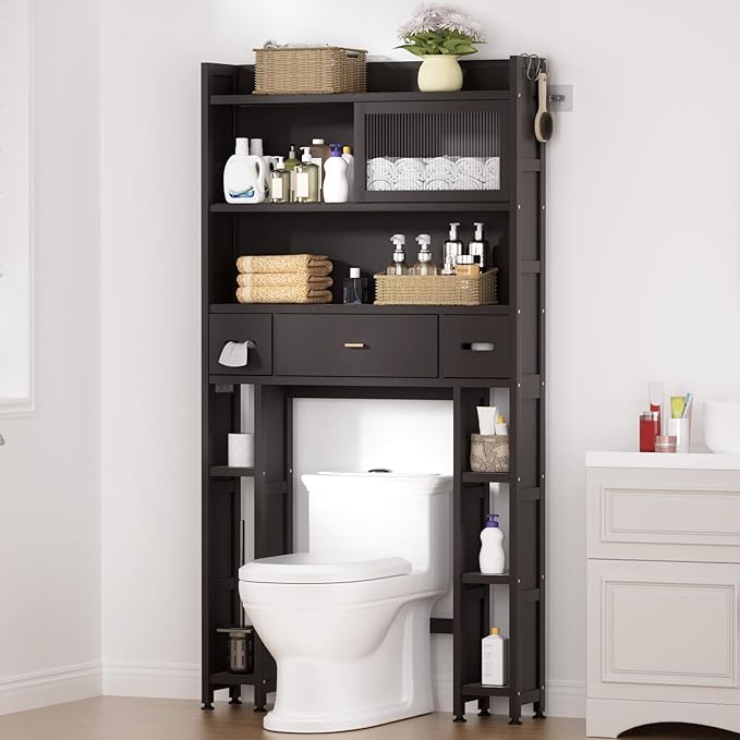 Over The Toilet Storage Cabinet with Acrylic Sliding Door Panel, Bamboo Organizer Shelf with 2 Paper Drawers and 1 Big Drawer,Space Saver Rack for Bathroom (Brown)