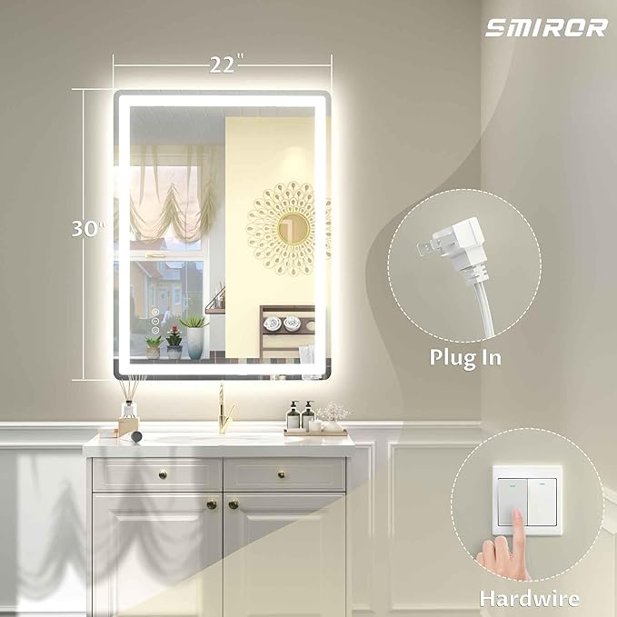 SMIROR LED Bathroom Mirror with Lights 22"x 30", Rounded Rectangle Lighted Vanity Mirror for Wall, Front Lit and Backlit, 3 Colors, Dimmable, Anti-Fog, Tempered Glass (Horizontally/Vertically)