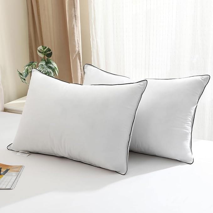 BPC Goose Feather Down Pillows Queen Size Set of 2, Luxury Hotel Collection Bed Pillows for Sleeping, 100% Organic Cotton Cover, Fluffy and Soft Support Surround Fill Polyester, Medium Firm, 20"x30"