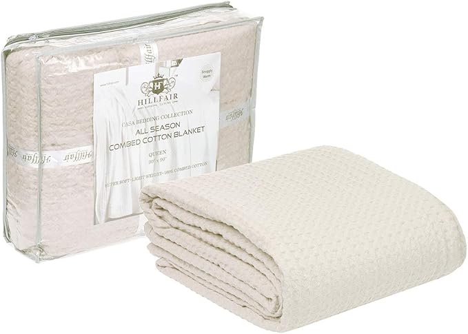HILLFAIR 100% Combed Cotton Blanket– Queen Size Bed Blanket– Warm Soft All Season Breathable Lightweight Summer Blankets– Waffle Weave Home Decor Bed Blanket- Ivory Queen Bed Cotton Blankets/Bedcover