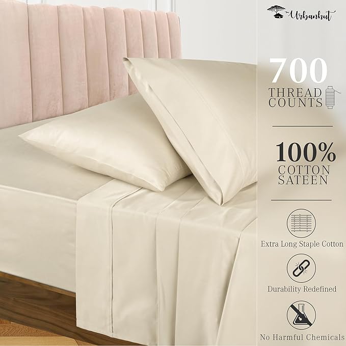 URBANHUT 700 Thread Count Full Sheet Set Egyptian Cotton Sheets, 4Pc Sheet Set Soft Luxury Bed Sheets for Full Size Bed, Sateen Weave Hotel Sheets, 14'' Elasticized Deep Pocket - Ivory