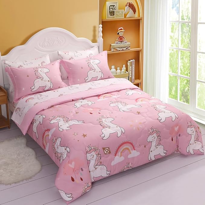 Wajade Kids Pink Unicorn Comforter Set Bed in A Bag Queen Size 7 Piece Cute Unicorn Rainbow Clouds Bedding Set for Girls (1 Comforter, 1 Flat Sheet, 1 Fitted Sheet, 2 Pillowcase and 2 Pillow Sham)