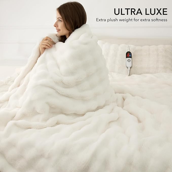 Faux Rabbit Fur Bubble Electric Blanket Full White - Fuzzy Soft Plush Heated Blanket Full Size with 6 Heating Levels & 10 Timer Settings, Home Decor Gifts for Women, ETL Certified, 72" x 84"