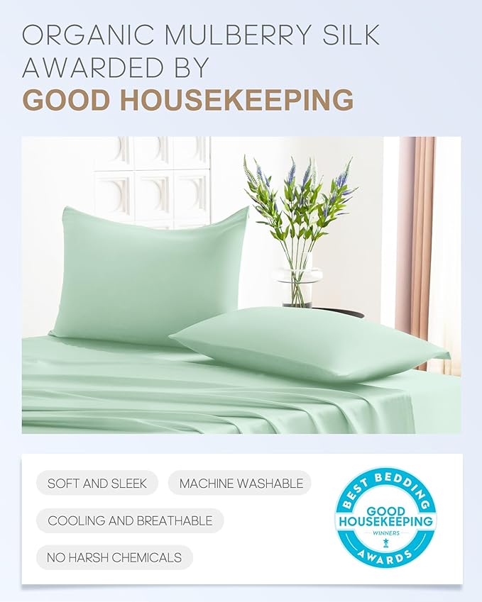 THXSILK 100% Mulberry Silk Pillowcase for Hair and Skin, Grade 6A+ Mulberry Silk Pillow Cases 22 Momme, Hypoallergenic Pillow Case Cover with Zipper, 1pc (Queen 20"x30", Turquoise Green)