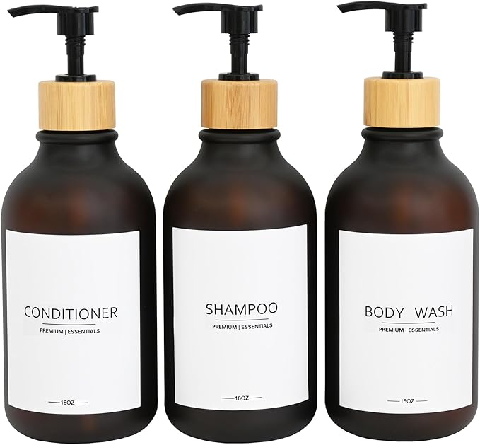 Frosted Plastic Shampoo and Conditioner Bottles, Apothecary Dispenser Bamboo Pump, Refillable Bottles for Shower Lotion, Oil, Hand Soap, Sanitizer, Liquid Soap, Set of 3 with 9 Labels (3, Matte Amber)