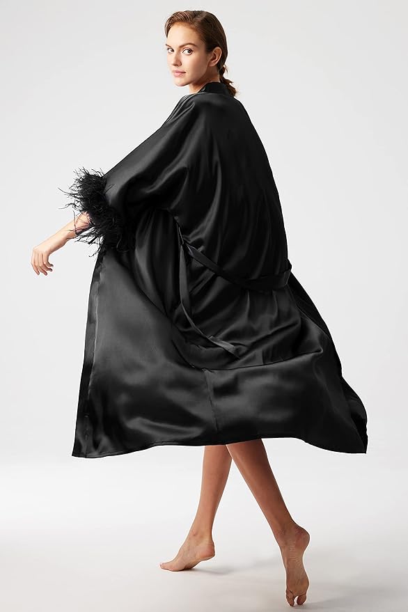 PRODESIGN Satin Kimono Robe Long Silky Bathrobe with Ostrich Feather Trim Sleepwear Wedding Bridesmaid Dressing Gown