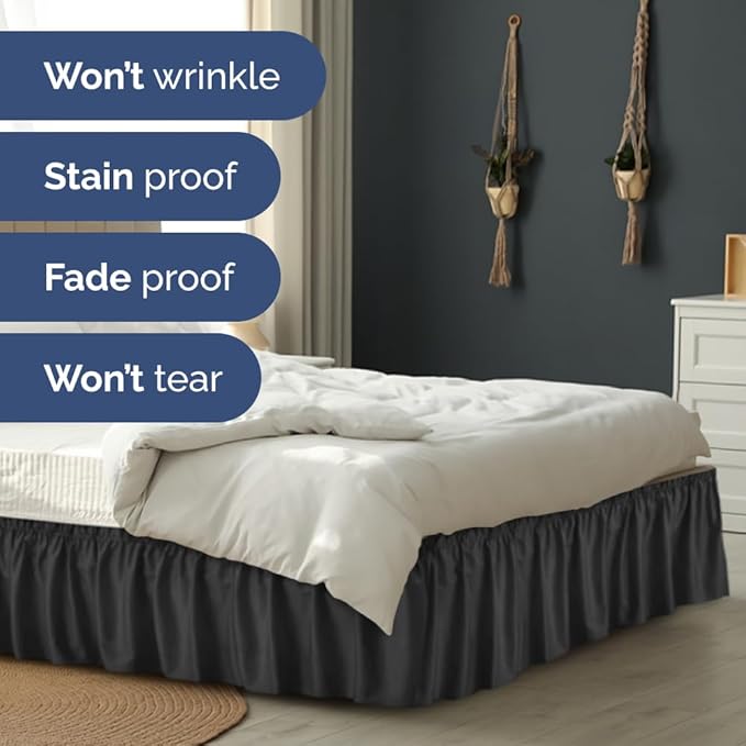 Wrap Around Dust Ruffle Bed Skirt - Black - for King Size Beds with 15 Inch Drop - Easy Fit Elastic Strap - Adjustable Pleated Bedskirt w/Brushed Fabric - Wrinkle Free - for Women, Men, Kids & Teens
