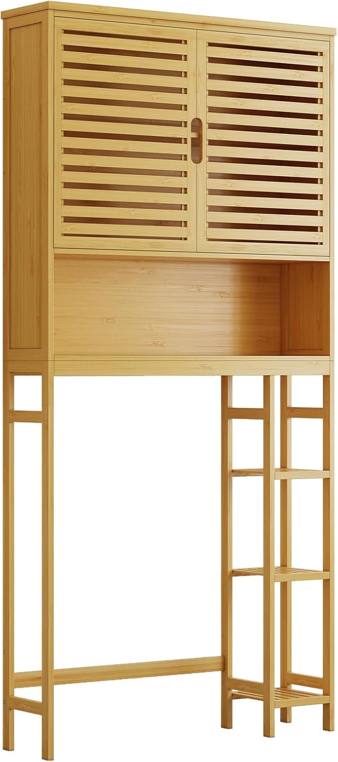 Over The Toilet Storage Cabinet, Bamboo Storage Cabinet Over Toilet with Double Doors & Open Shelves, Freestanding Toilet Shelf Space Saver with Anti-Tip Design, Natural