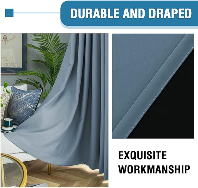 H.VERSAILTEX 100% Blackout Curtains for Bedroom Thermal Insulated Blackout Curtains 108 Inches Long Rod Pocket/Clip Rings Curtains for Living Room with Black Liner 2 Panels, Stone Blue