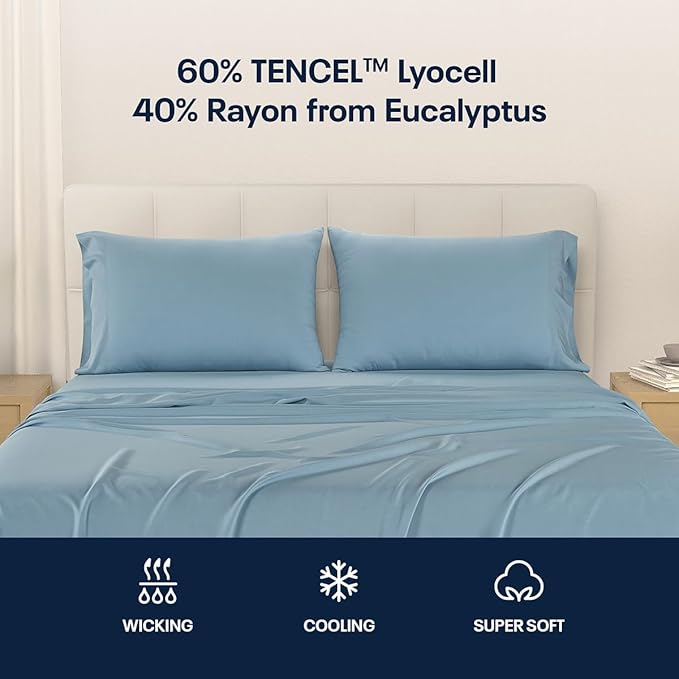 Reebok King Size Sheet Set from Tencel Eucalyptus - Soft, Cooling & Breathable for Hot Sleepers, Deep Pocket Up to 17 Inches, 4Pc Hotel Luxury Bedding Set, Bedsheet & Pillowcases(Niagara Mist, King)